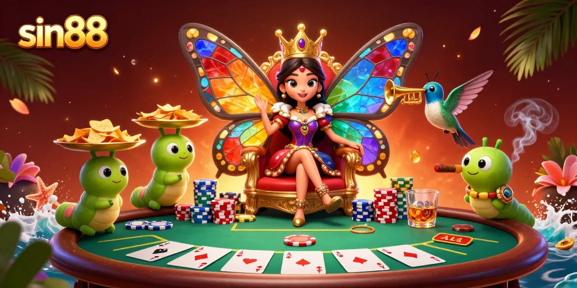 Experience sin88's vibrant casino scene with a butterfly queen amid colorful poker elements.
