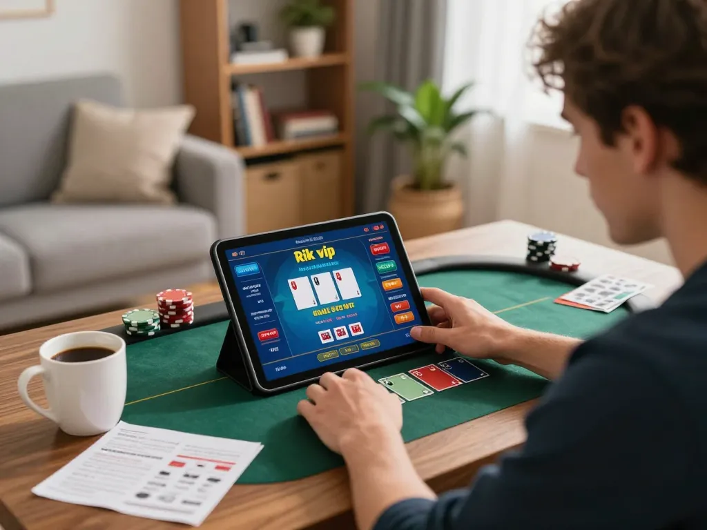 Engaging in rik vip poker gameplay at home with strategic notes and a cozy atmosphere.
