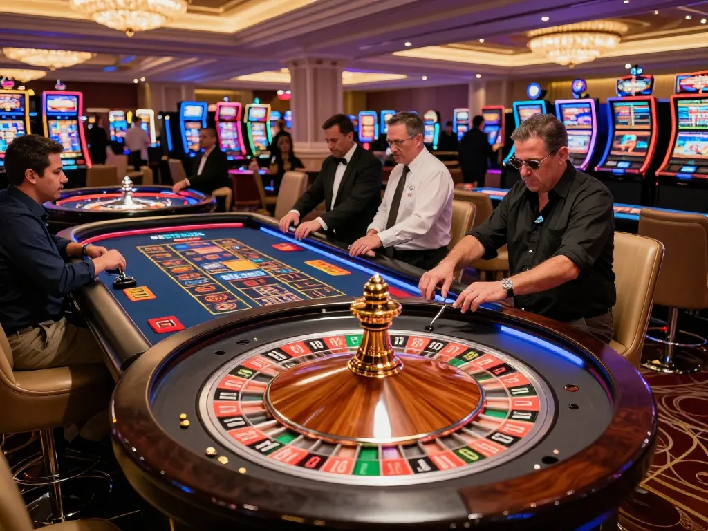 TG88 players placing bets at a vibrant roulette table in a luxury Las Vegas casino