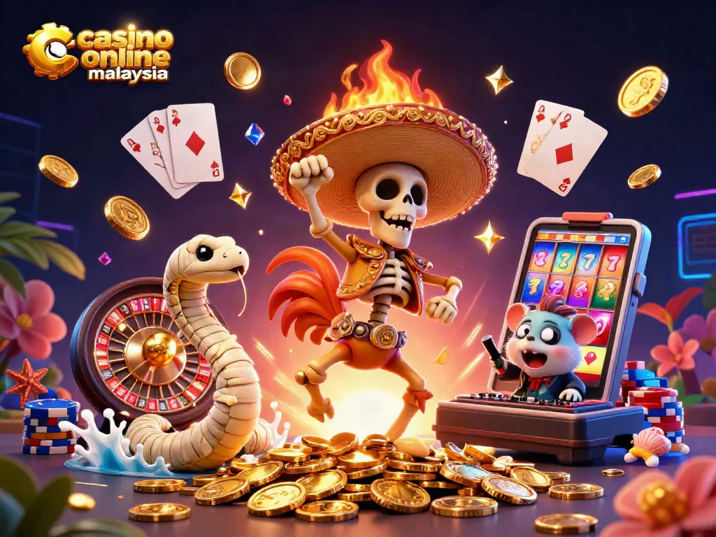 A lively scene showcasing a skeleton mariachi rooster, a mummy snake, and a DJ hamster celebrating at a casino online malaysia with colorful coins and cards.