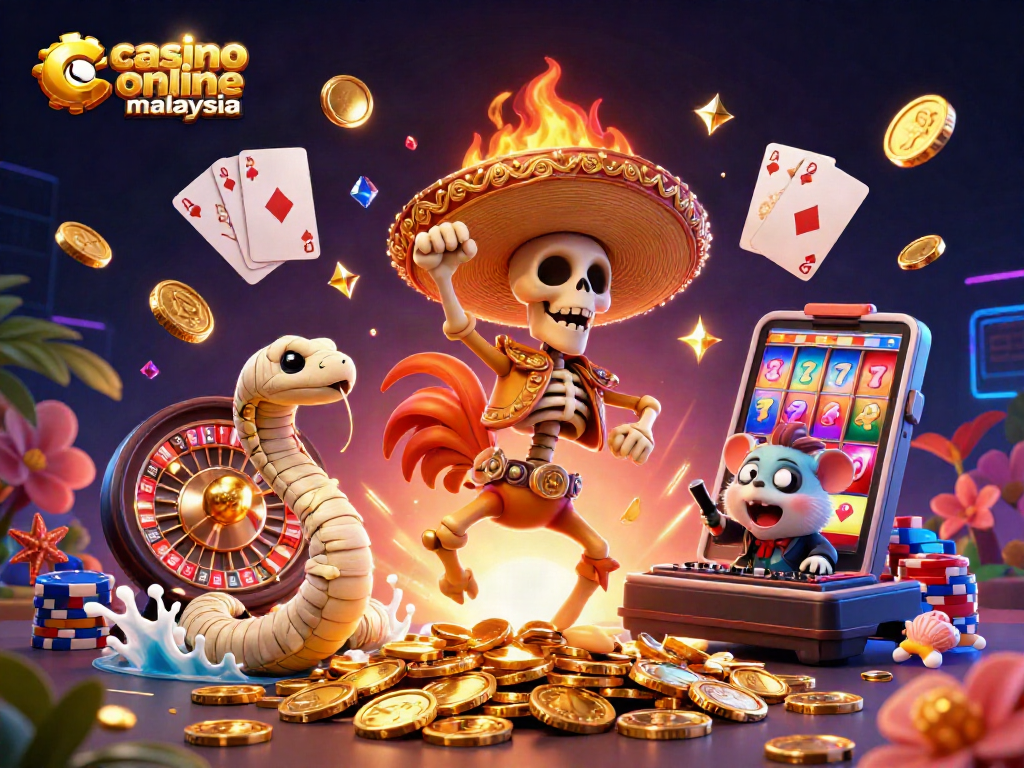 A lively scene showcasing a skeleton mariachi rooster, a mummy snake, and a DJ hamster celebrating at a casino online malaysia with colorful coins and cards.
