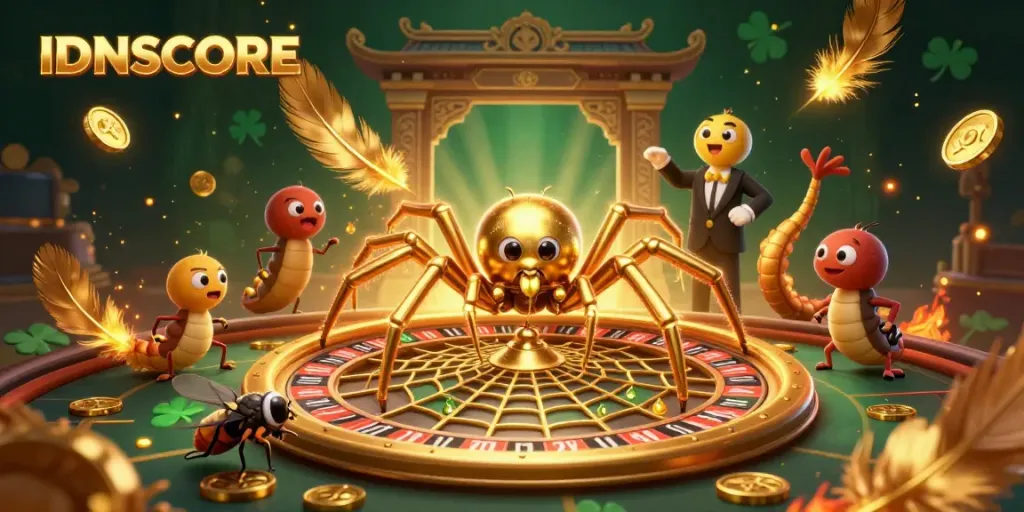 Engage in thrilling bets with IDNSCORE in a vibrant 3D casino scene.