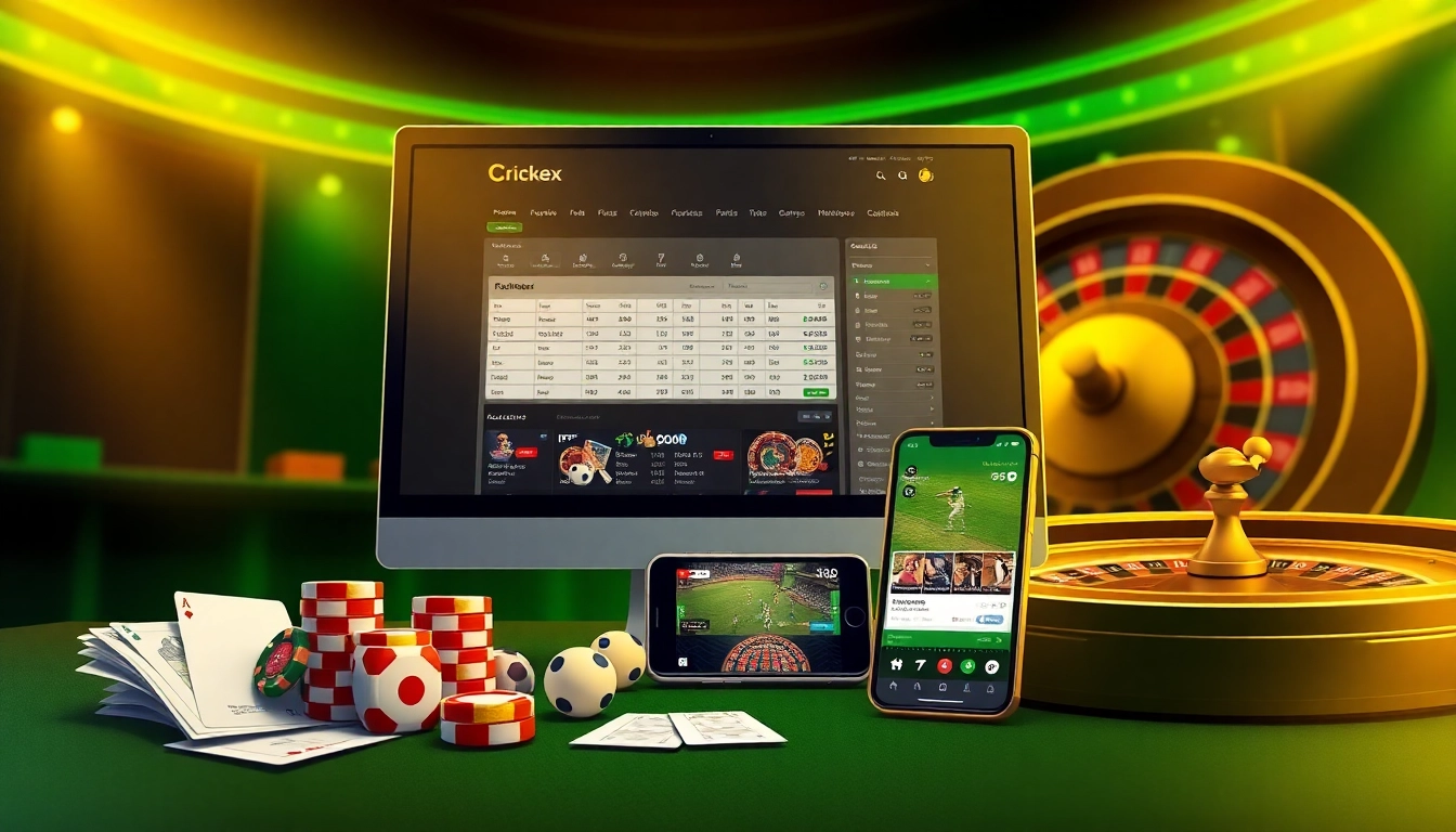 Crickex bet scene with online cricket betting interface, poker chips, and casino ambiance.