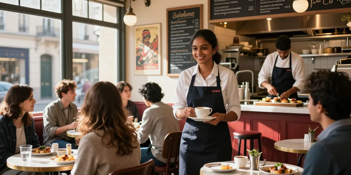 Indian student gaining hands-on experience in a café internship in France, showcasing vibrant culinary culture.