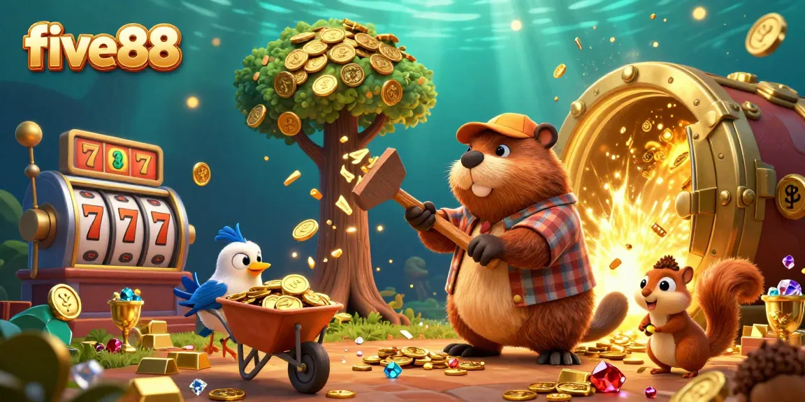 Experience five88's thrilling casino atmosphere with cartoon beavers, slot reels, and golden treasures.