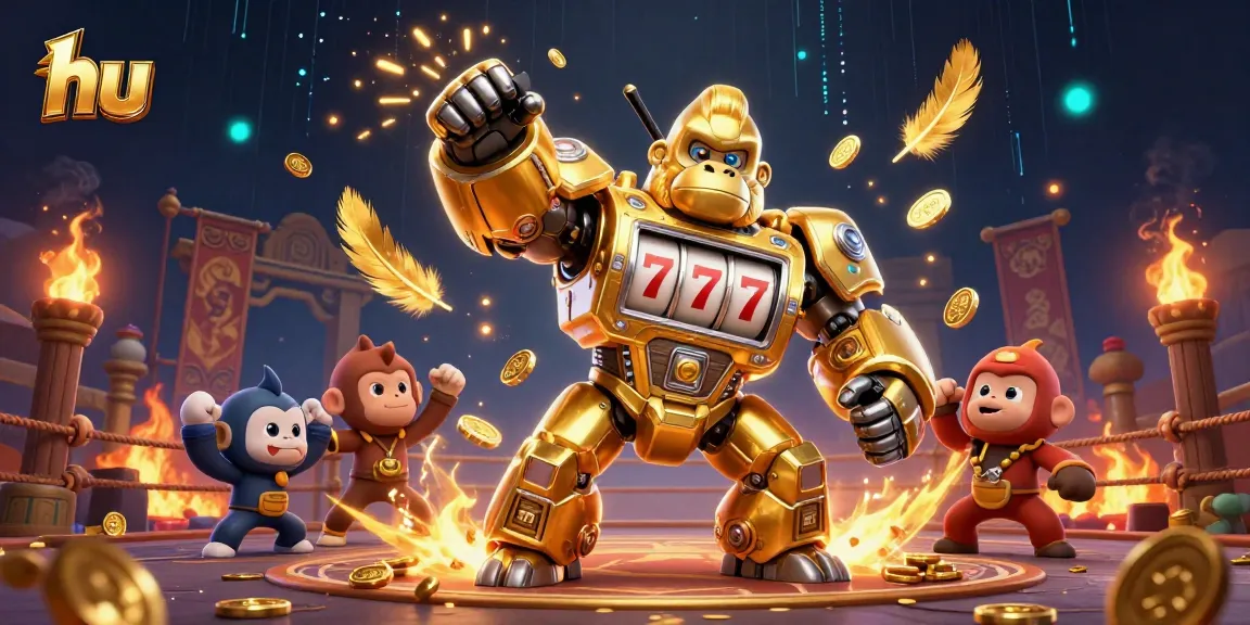 Engage in thrilling gaming at hu with the explosive golden gorilla mech and casino elements.