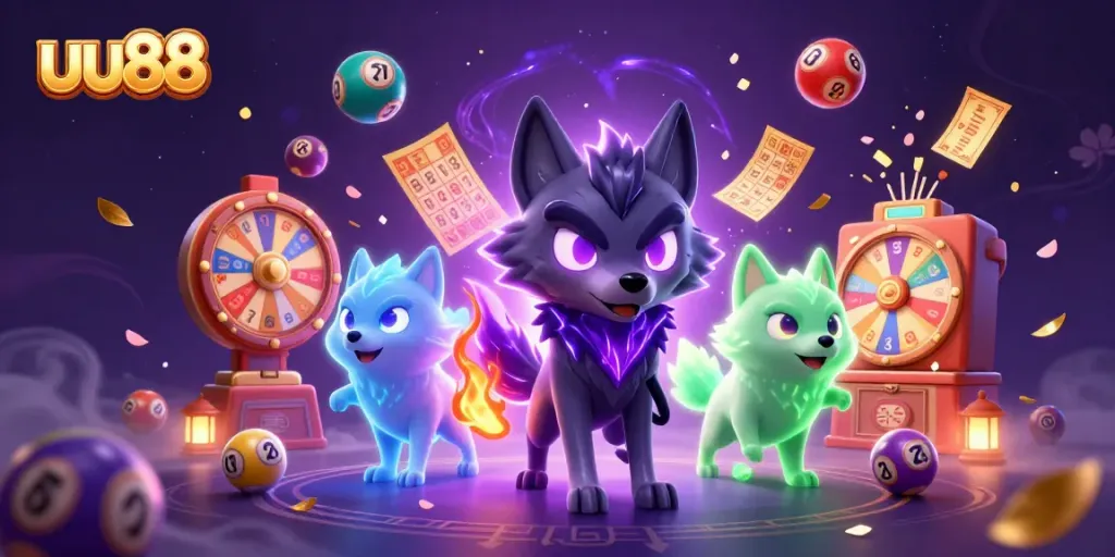 Engage with the thrilling uu88 lottery gaming scene, featuring ghostly wolves and vibrant casino elements.