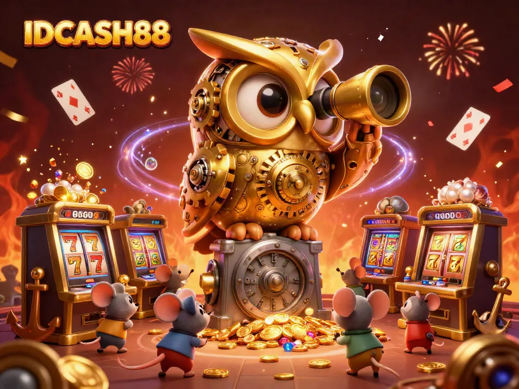 Experience exciting gameplay at IDCASH88 with a clockwork owl overseeing a vibrant casino scene filled with treasures.