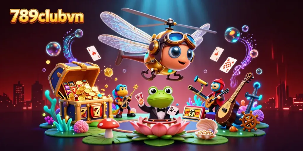 Experience vibrant gaming action at 789clubvn with slot reels and jazz in a lively casino scene.