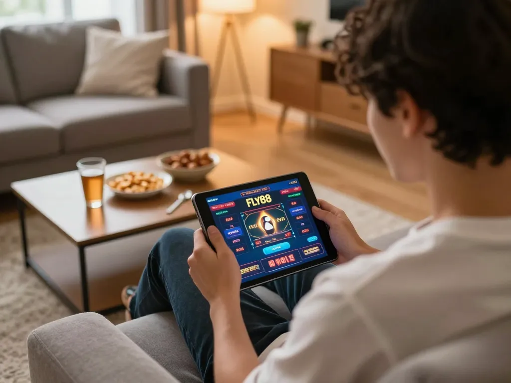 Fly88 user enjoying an online casino game on a tablet in a relaxed home setting
