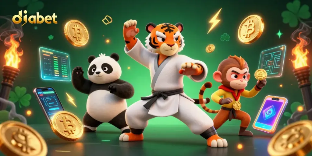 Dabet brings excitement with a kung fu tiger mastering the crane stance amid vibrant crypto-themed elements.