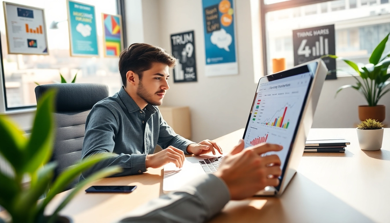 Crafting an effective hubspot marketing email in a vibrant workspace with analytics on the screen.