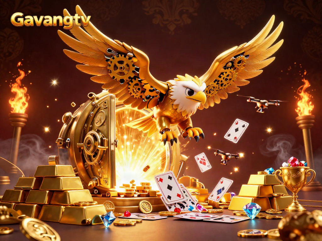 Experience Gavangtv with a dynamic illustration of a cybernetic eagle amidst a gold treasure scene.