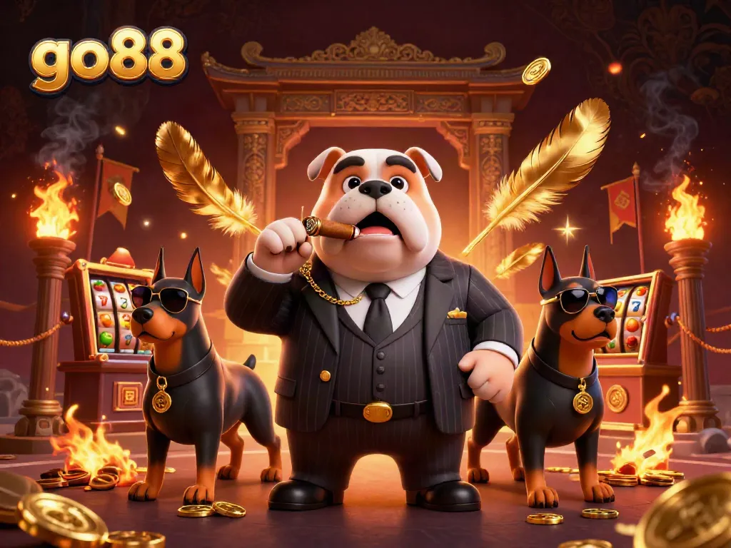 A 3D mafia boss bulldog and bodyguard Dobermans interact with go88 slot reels surrounded by dynamic casino-themed elements.