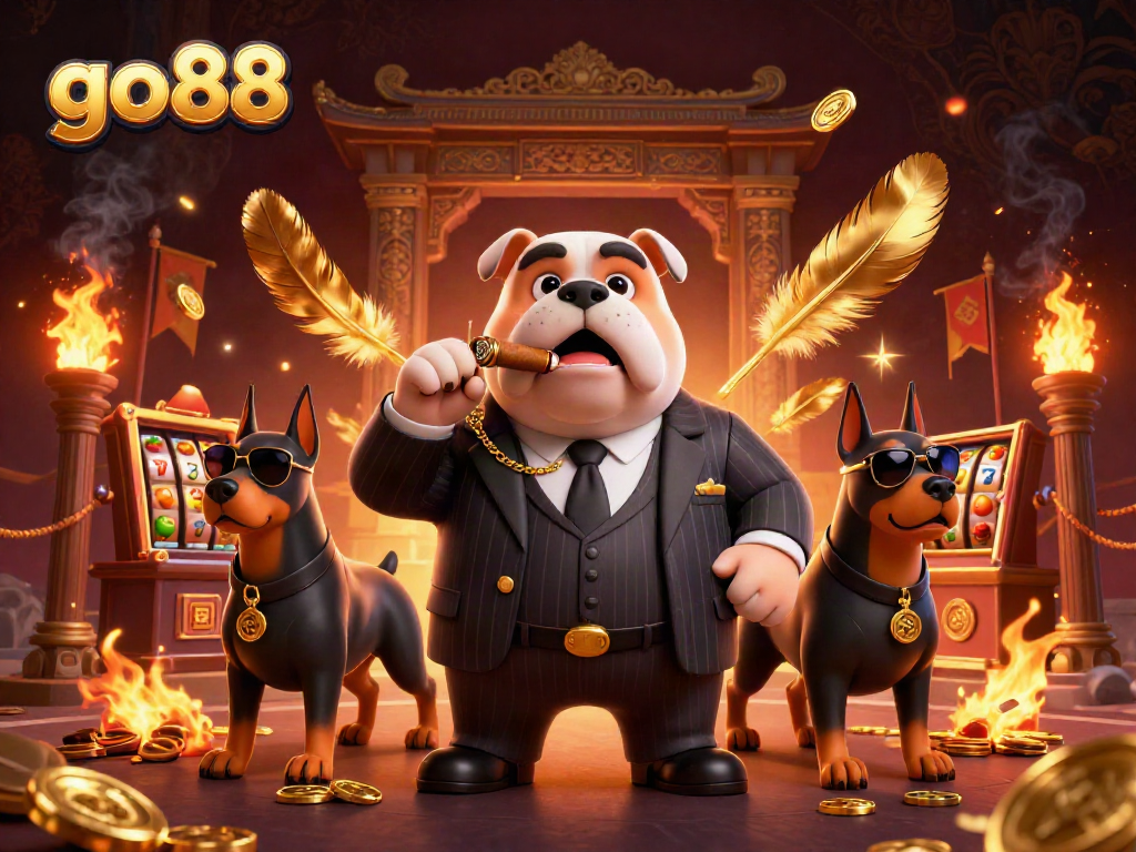 A 3D mafia boss bulldog and bodyguard Dobermans interact with go88 slot reels surrounded by dynamic casino-themed elements.