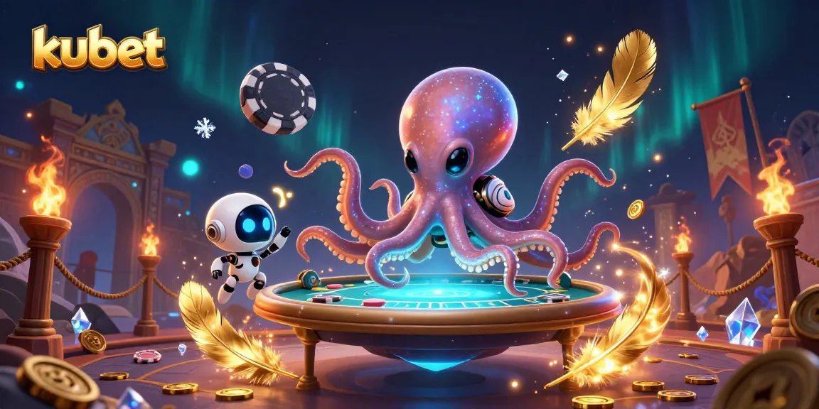Experience kubet's thrilling action with a 3D alien octopus operating a poker table in a vibrant cosmic casino.