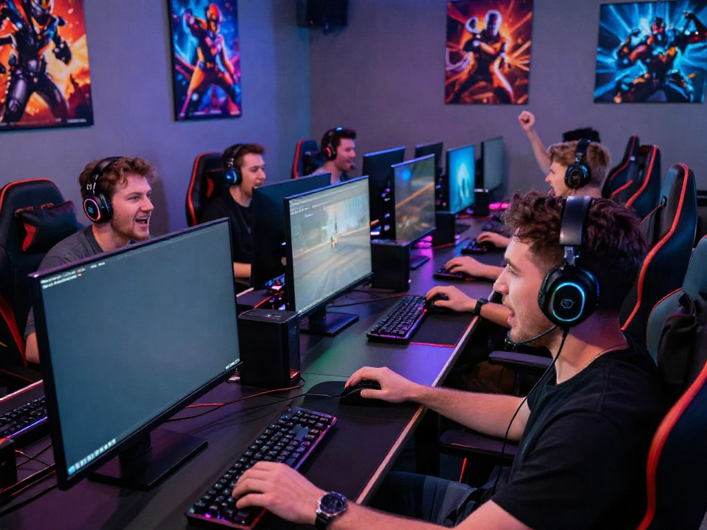 Men enjoying multiplayer games in a vibrant gaming lounge at Manclub.