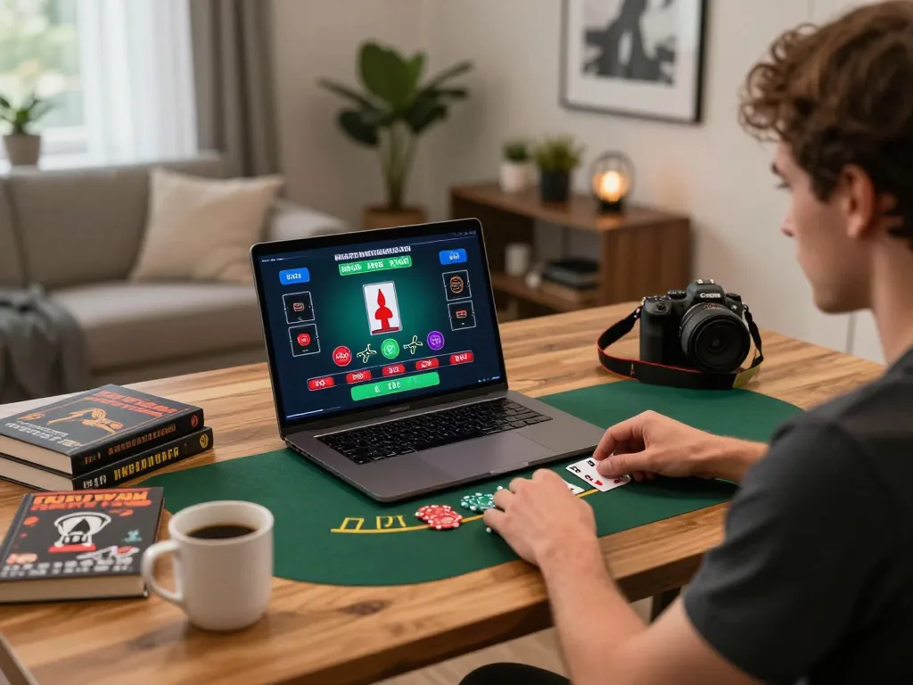 Player using luckywin online casino platform on laptop for strategic blackjack play in cozy setting