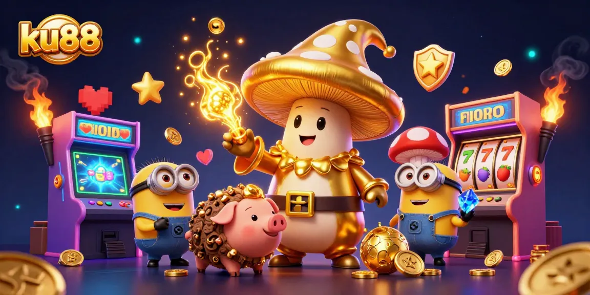 ku88 showcase of a magical golden mushroom wizard amidst vibrant casino gaming elements