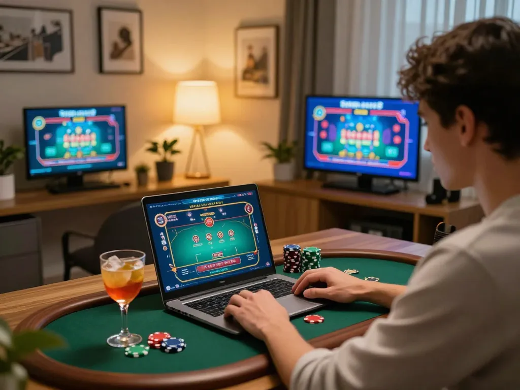 User engaging in intense gameplay on nhatvip online casino from home office with laptop and poker chips.