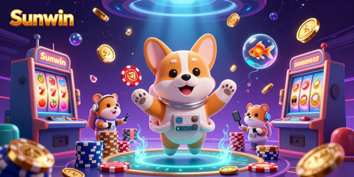 Experience thrilling gaming action with Sunwin's vibrant 3D casino illustration showcasing an astronaut corgi in space.