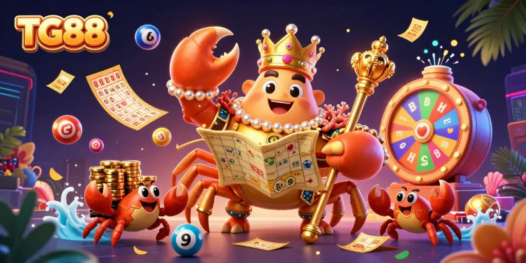 Experience the excitement of TG88 with a golden crab emperor and vibrant casino elements, showcasing thrilling gameplay.