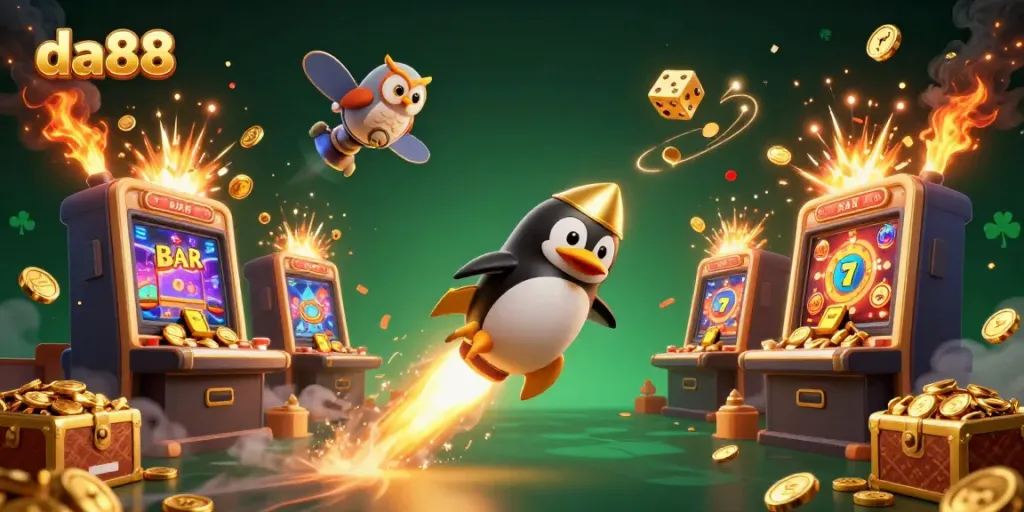 Experience the thrilling da88 adventure with a golden penguin and casino excitement.