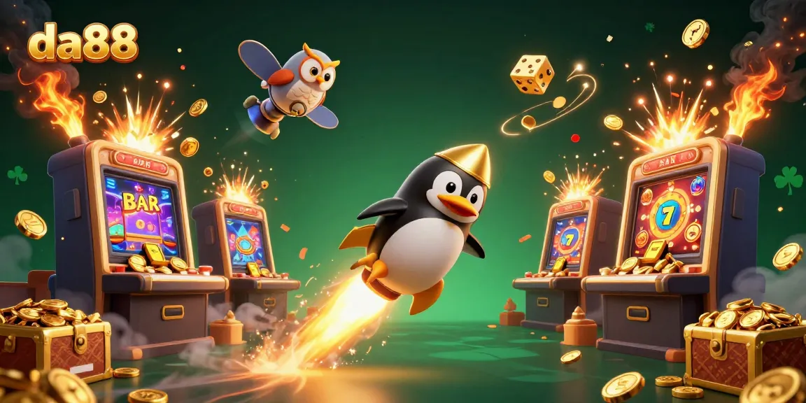 Experience the thrilling da88 adventure with a golden penguin and casino excitement.