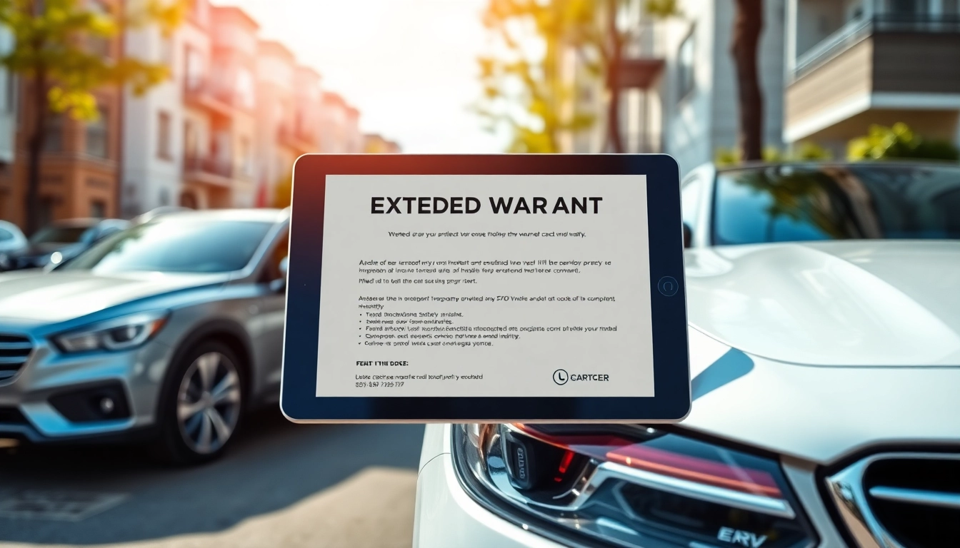 Visual representation of an extended warranty for cars and homes displayed on a tablet amidst urban settings.