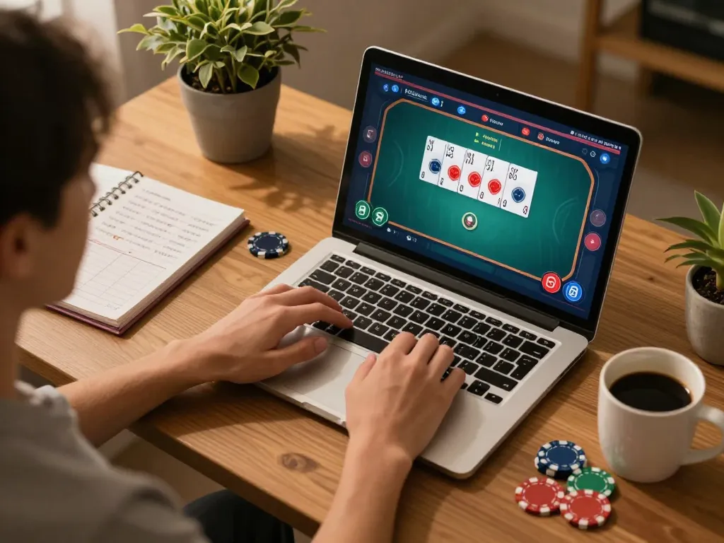 Engaging gaming experience at vipwin79 online casino with poker game interface on laptop.