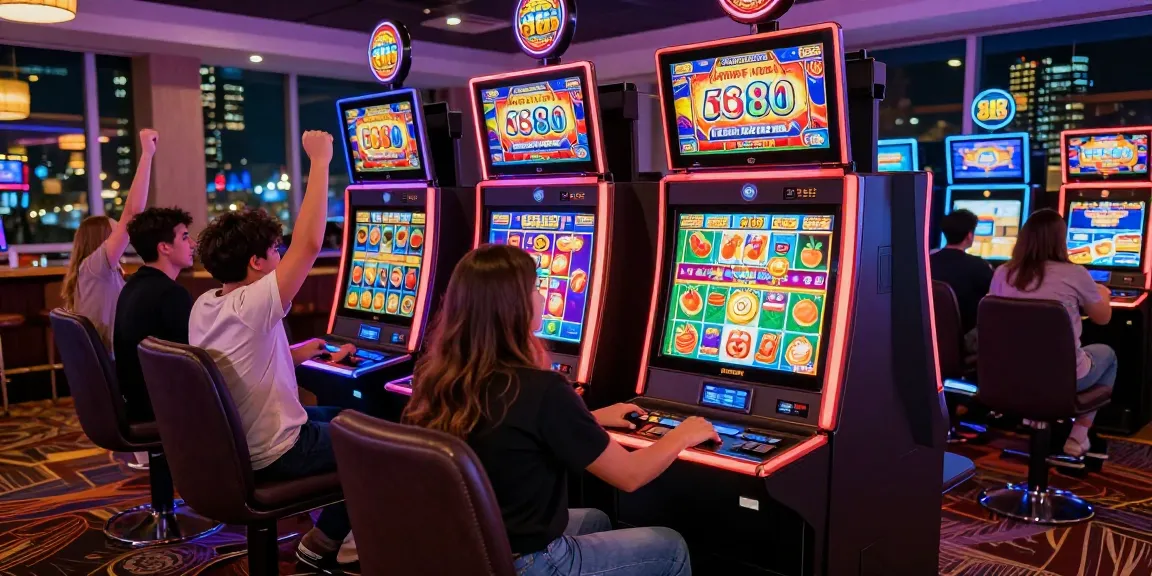 Exciting scene of players enjoying slot88 games in modern casino, with vibrant lights and joyful atmosphere.