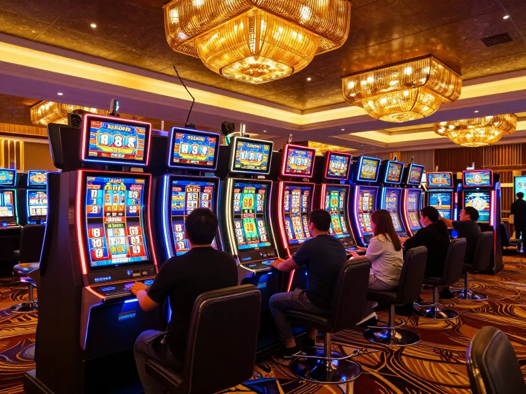 Experience thrilling wins at LuckyWin on the colorful casino floor with vibrant slot machines