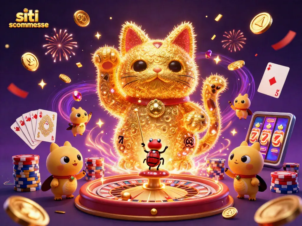 Scopri i siti scommesse con un'illustrazione vivace di giochi e simboli del casinò.