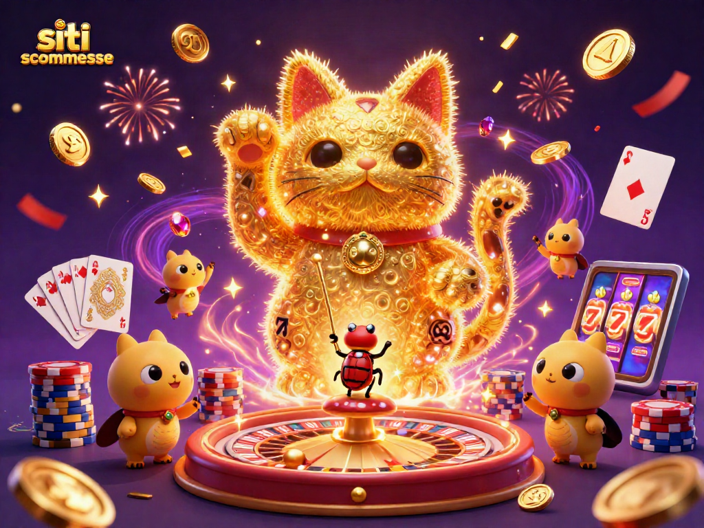 Scopri i siti scommesse con un'illustrazione vivace di giochi e simboli del casinò.