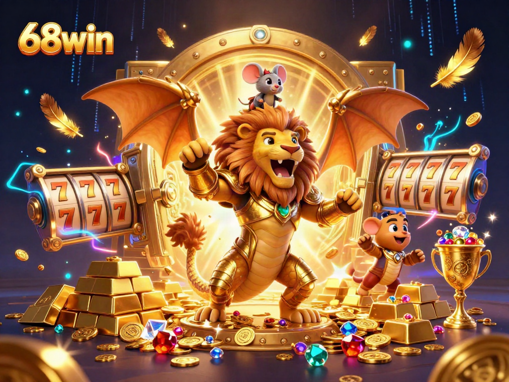 68win depicts a triumphant chimera creature surrounded by riches and slot reels representing thrilling casino action