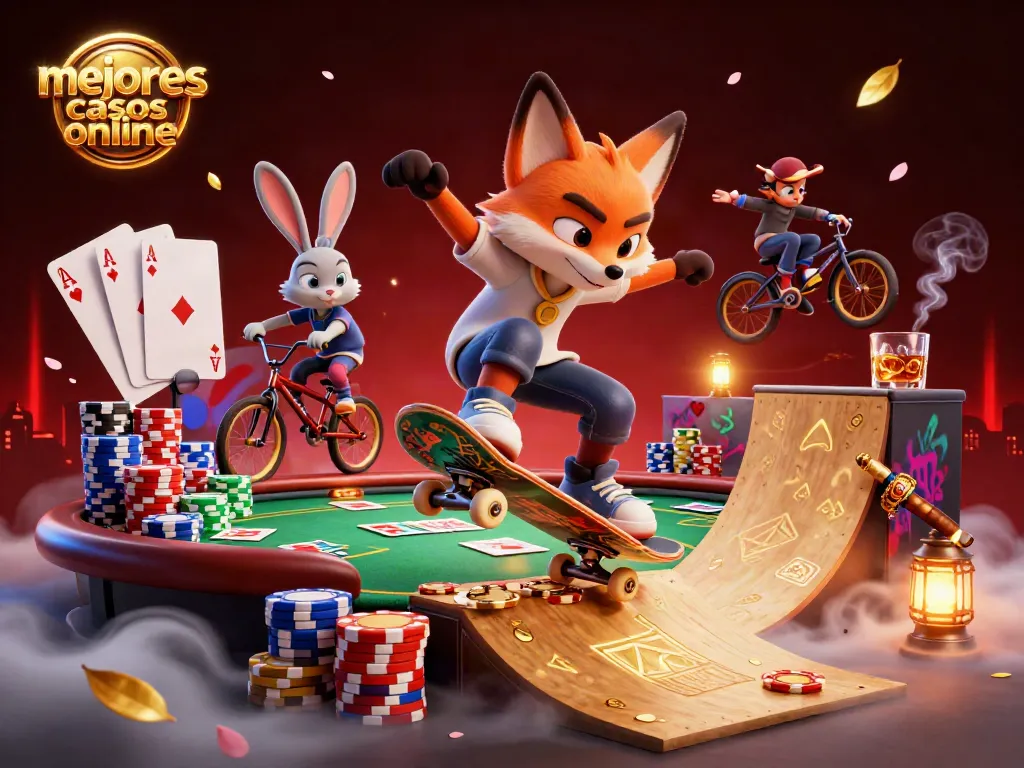Los mejores casinos online: una ilustración dinámica de un zorro patinador y un conejo BMX en un entorno de casino