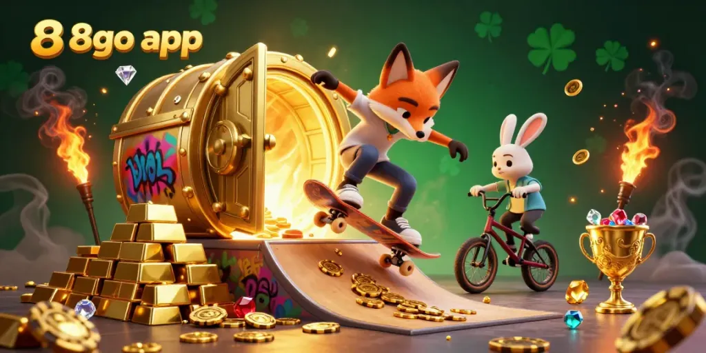 Experience the thrill of the 88go app with cartoon fox and rabbit doing tricks amid casino riches.