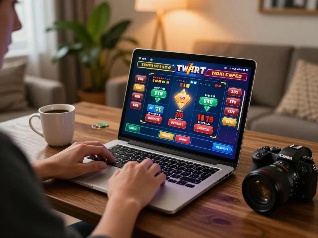 Engaging online gameplay at home with luck8, featuring a laptop screen showing a vibrant casino interface.