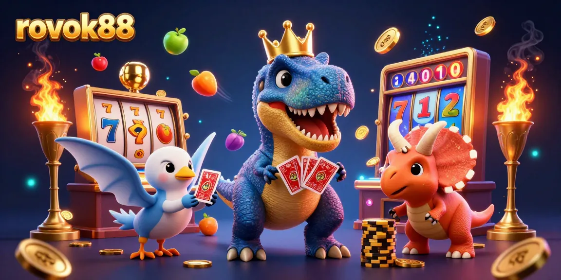 Experience the thrill of rokok88 with a T-Rex shuffling cards and vibrant gambling elements.