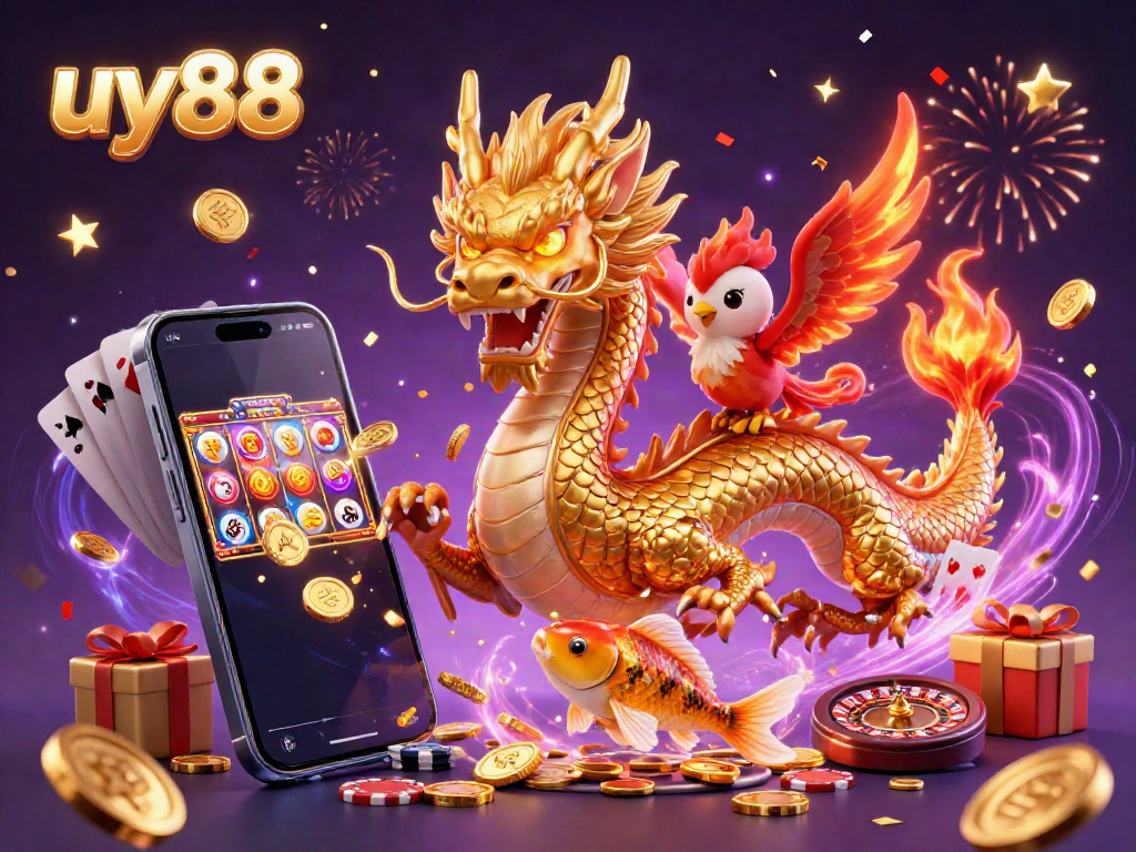 Experience thrilling slots action with uy88's vibrant 3D illustration featuring a majestic dragon, phoenix, and koi fish.