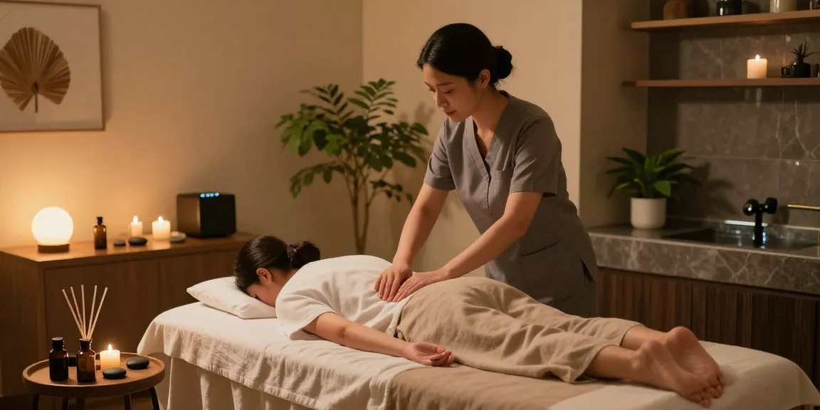 Experiencing a 용산출장마사지 in a peaceful therapy room with calming ambiance.