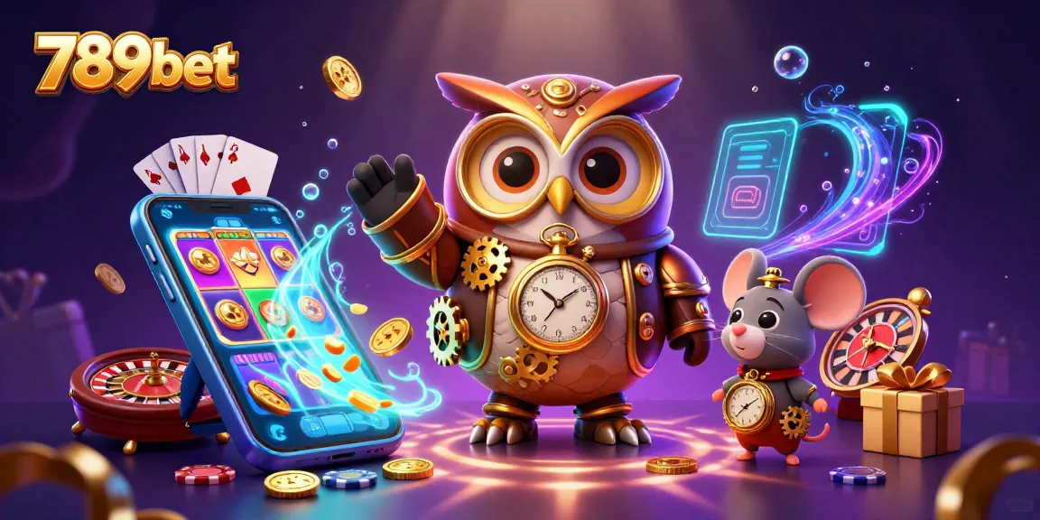Engage with 789bet's immersive casino world through a vibrant 3D scene featuring a steampunk owl and dynamic gaming elements.