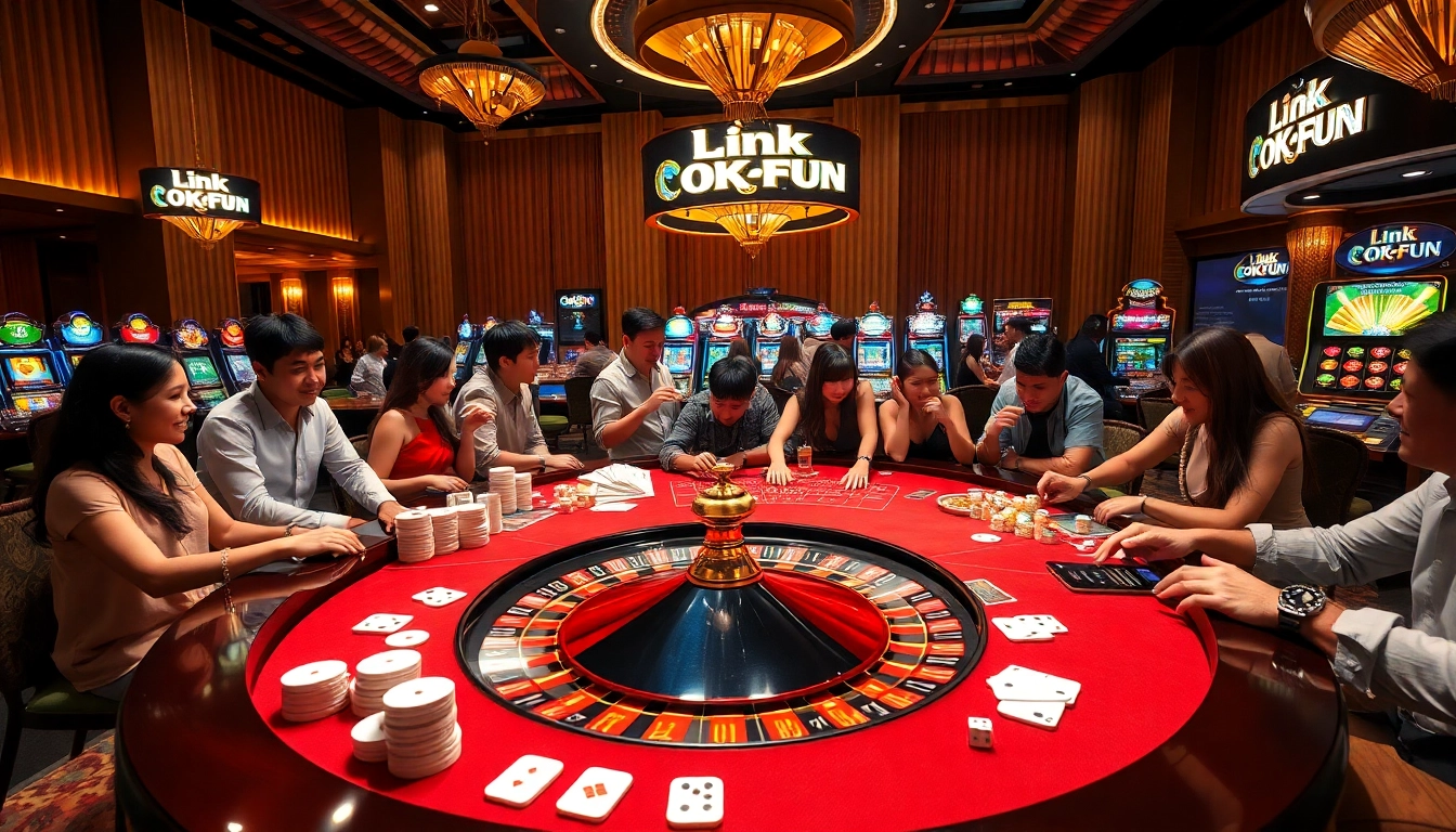 Experience thrilling gameplay at Link OKFUN with vibrant casino gaming tables and excited players.
