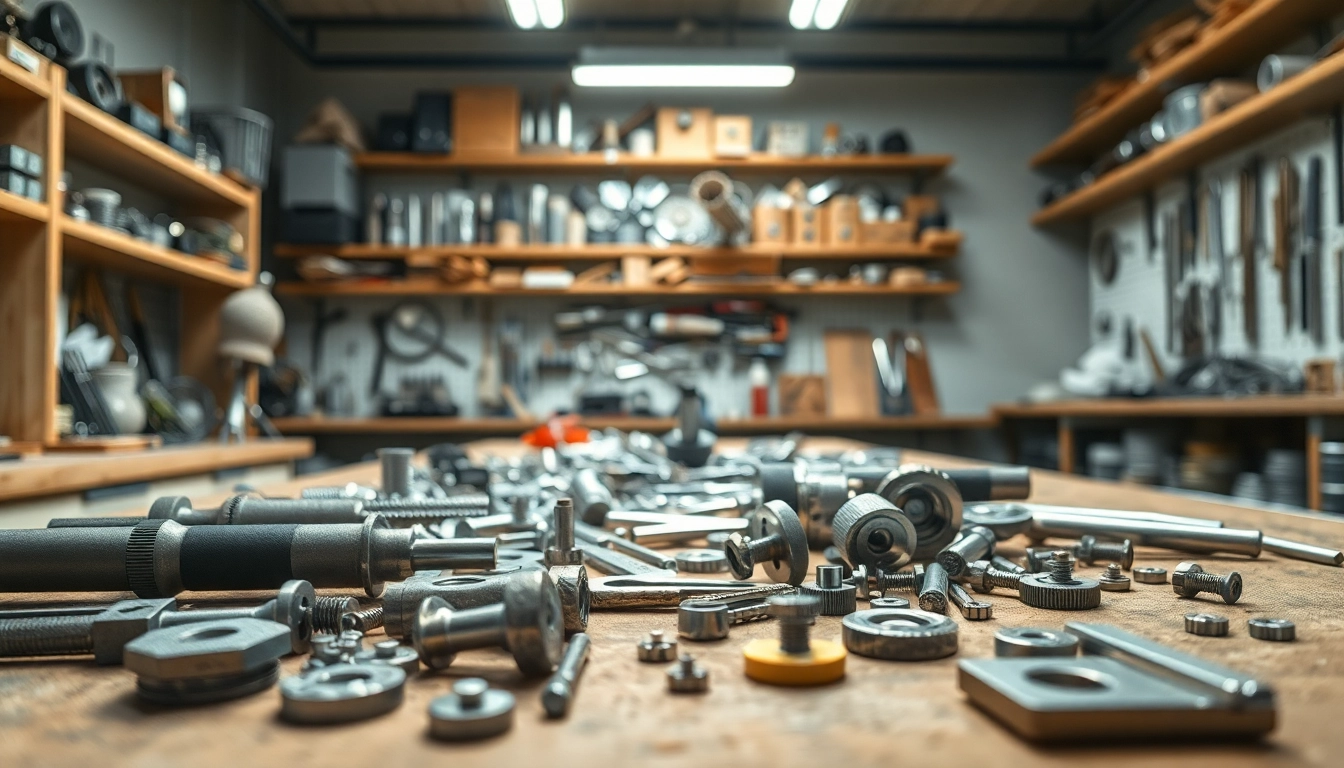 Furniture hardware manufacturers showcase intricate tools and metallic components in a workshop.