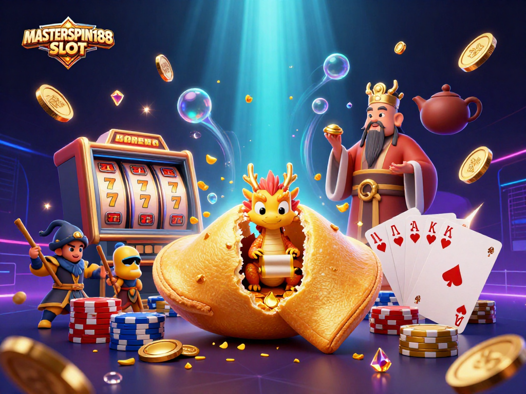 Engage with the thrilling MASTERSPIN188 SLOT as fortune-filled characters interact amid vibrant casino elements.