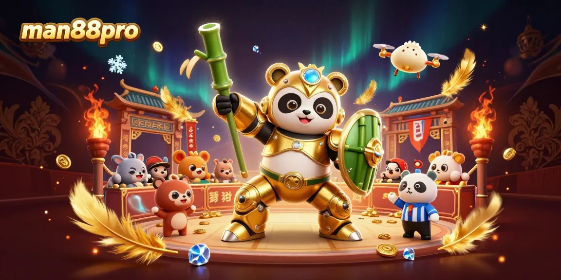 Engage with thrilling slots at man88pro, illustrated by a vibrant panda mech in a bustling casino arena.