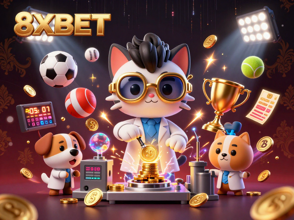 Engage in thrilling action at 8XBET with dynamic sports elements and a lively 3D casino scene.