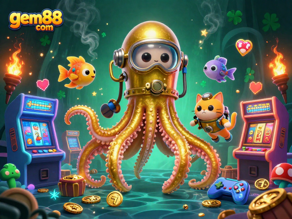 Play exciting games at gem88 com with a vibrant kraken and diving cat illustration.