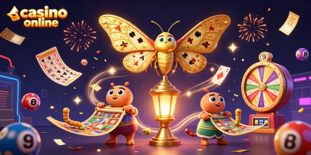 Disfruta de la emoción del casino online con una ilustración dinámica de un polilla y elementos de juego.