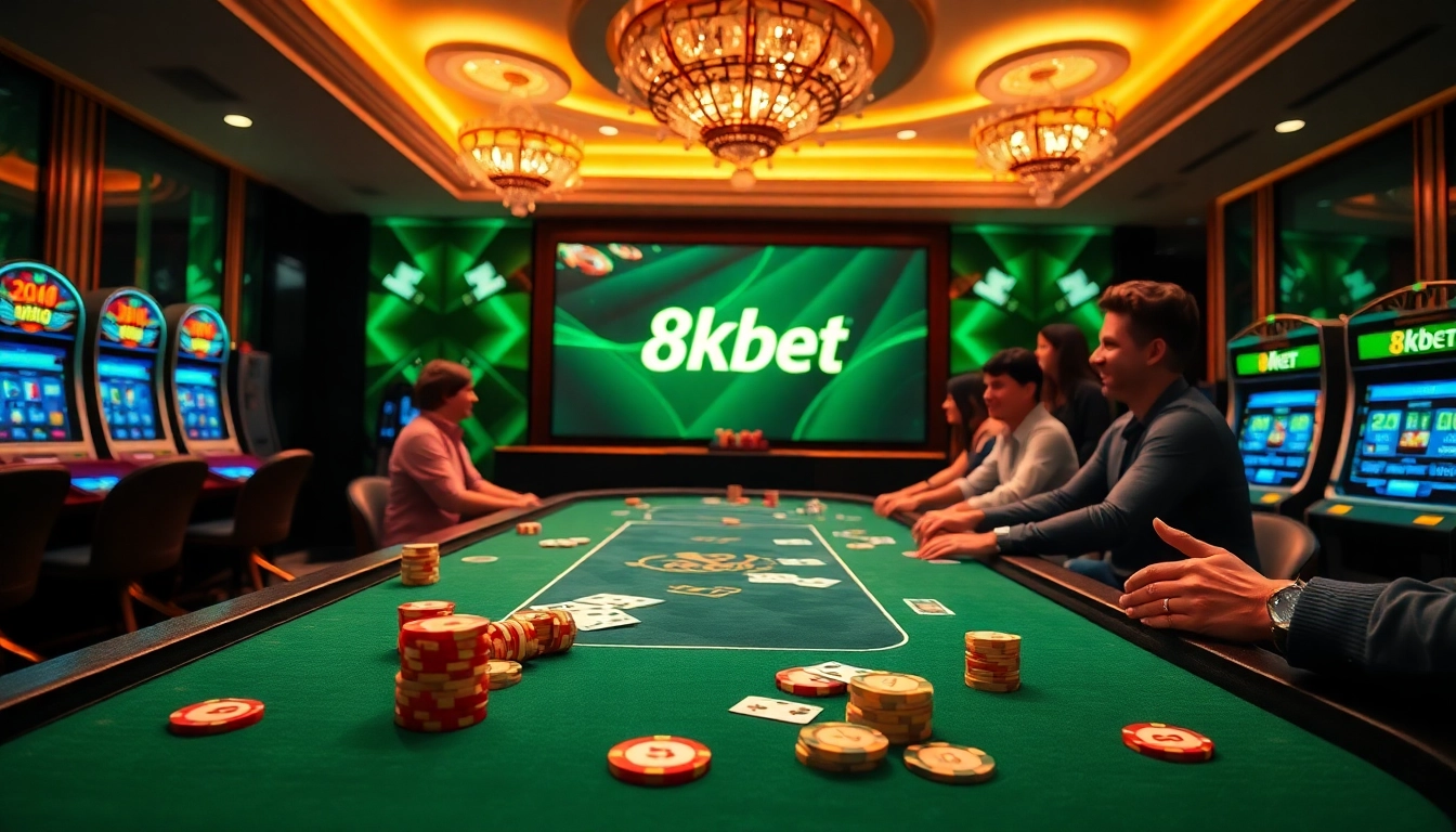 Join the excitement at 8kbet in a luxurious casino setting with vibrant gaming tables and slot machines.